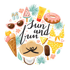 Set of cute summer elements. Ice cream, fruit, flip flops, sunglasses, hat, swimsuit, sunscreen, tropical flower and leaves. Collection for card, poster, sticker, scrapbooking etc. Vector.