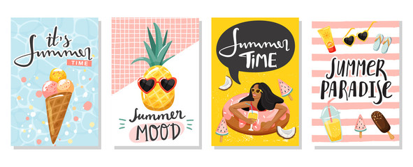 Fototapeta na wymiar Set of summer greeting cards. Women floating on swim ring, ice cream, cute pineapple, lemonade, etc. Summer rest and vacation concept. Vector illustration.