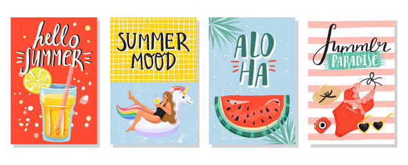 Set of summer greeting cards. Women floating on swim ring, sunglasses, watermelon, swimsuit, camera, hat, lemonade etc. Summer rest and vacation concept. Vector illustration.