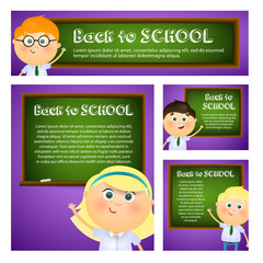 Boys and girls pointing at text on chalkboard. Set of back to school flyers design with text samples. Vector illustration can be used for posters, banners, ads, signs