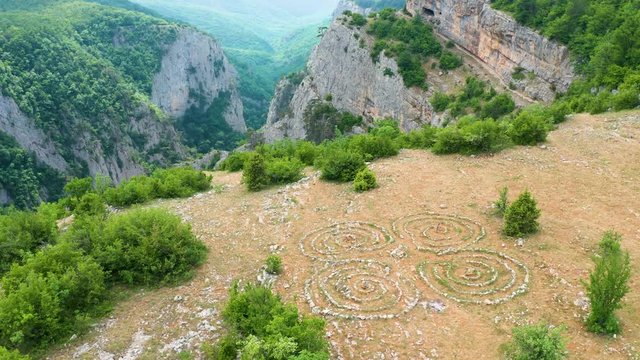 Grang Canyon of Crimea. Aerial nature scenic landscape. Flight over green forset mountain.