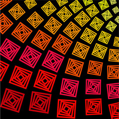 The composition of red, orange, yellow squares on a black background