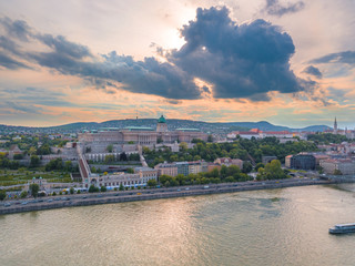 Obraz premium Aerial of Danube river panorama with a view on Buda castle and Chain Bridge in central Budapest