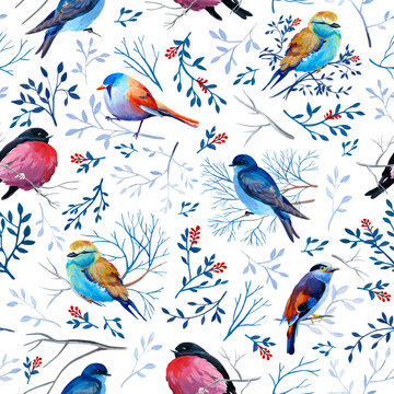 Gouahe seamless pattern with bright birds on branches with leaves