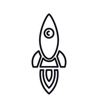 Flying rocket ship with fire. Flat line icon. Space travel. Project start up sign.