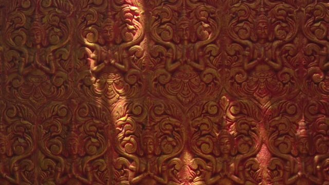 Closeup Wooden Carved Decorative Panel in Buddhist Temple