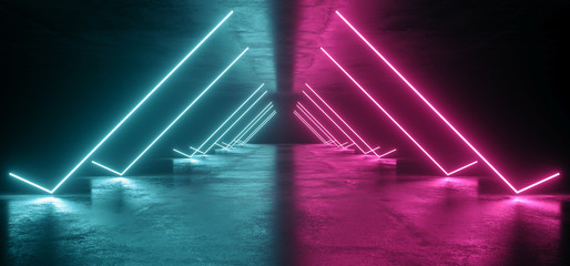 Future Neon Lights Sci Fi Futuristic Purple Blue Laser Shine In Dark Concrete Grunge Tunnel Underground Studio Garage Reflections Vibrant Shapes 3D Rendering