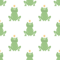Vector scandinavian animal character seamless pattern. Colorful childish cute royal frog with crown isolated on white background. Child geometric texture print for fabric, textile, paper, cards.