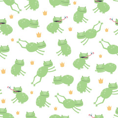 Vector scandinavian animal character seamless pattern. Colorful childish cute royal frogs with crown sit, jump, eat isolated on white background. Child texture print for fabric, textile, paper, cards.