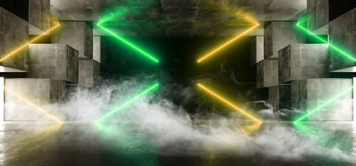 Smoke Future Neon Lights Graphic Glowing Green Yellow Virtual Sci Fi Futuristic Tunnel Studio Stage Construction Garage Podium Spaceship Night Dark Concrete Grunge 3D Rendering