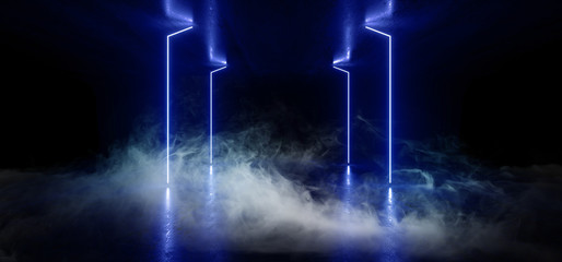 Smoke Future Neon Lights Graphic Glowing Blue Vibrant Virtual Sci Fi Futuristic Tunnel Studio Stage Construction Garage Podium Spaceship Night Dark Concrete Grunge 3D Rendering