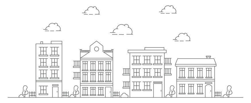 Thin line city landscape. City landscape template. Urban life Vector illustration