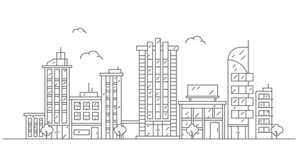 Thin line style city panorama. Illustration of urban landscape with skyline city office buildings