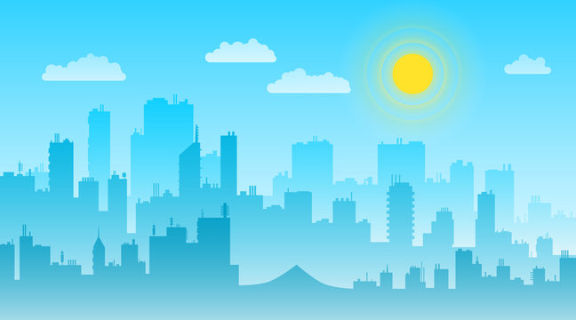 Cityscape day landscape with buildings skyline vector flat.