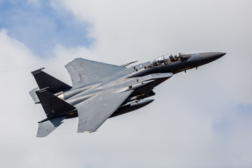 F-15E Strike Eagle assigned to the 492d Tactical Fighter Squadron launching for a training sortie from RAF Lakenheath in April 2019.