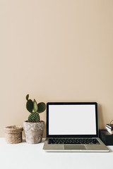 Minimalist home office desk workspace with laptop, cactus on beige background. Front view copy...