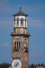 Verona, Italy: Torre dei Lamberti, march, 2019,view from amphitheater Arena di Verona