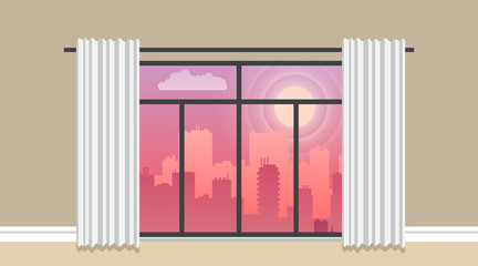 Evening city panorama vector flat illustration, cityscape on a sunset