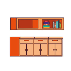 desk and shelving with stack of books on white background