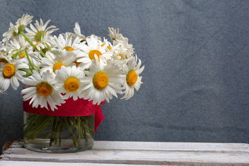 A bouquet of field daisies in a glass vase. On a gray background. Genus of perennial flowering plants of the Matricária family (Matricária).
