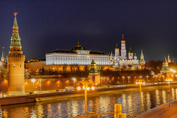 Moscow Kremlin. The Moscow Kremlin from the Moskva river. Kremlin Embankment and Moscow River in Moscow, Russia. Architecture and landmark of Moscow.