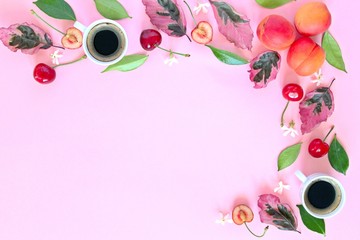 Coffee with fruits and follies on pink background. Top view with copy space. Flet lay style. Summer concept. © Ale02