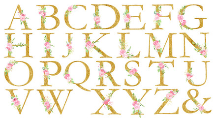 Floral latin alphabet raster set