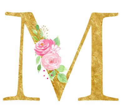 M letter with blooming flowers raster illustration