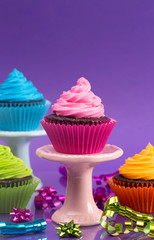 Rainbow Colored Frosted Chocolate Cupcakes with Confetti and Bows for a Party