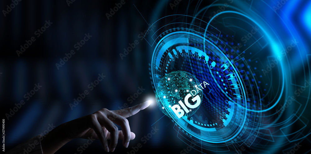 Poster Big data world and globe icon ui with hand selecting and pressing Big Data symbol and modern interface and data science.