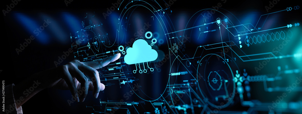 Poster Hand pushing icon Ui of Cloud Computing Technology Internet Storage Network Concept