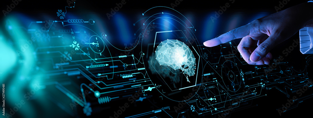 Fototapete Artificial intelligence (AI) with machine deep learning and data mining and another modern computer technologies UI by hand touching low poly icon.