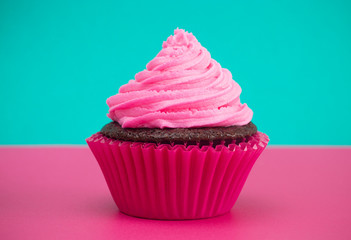 A Single Pink Frosted Chocolate Cupcake on a Pink and Teal Surface