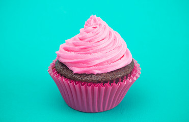 A Single Pink Frosted Chocolate Cupcake on a Teal Surface