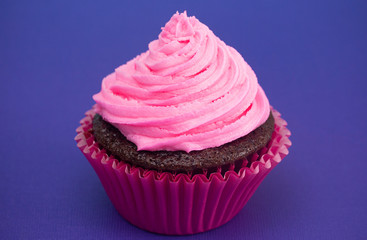 A Single Pink Frosted Chocolate Cupcake on a Purple Surface