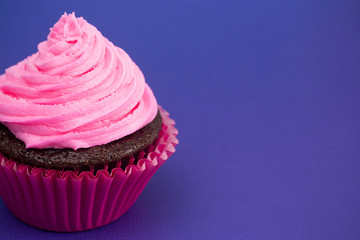 A Single Pink Frosted Chocolate Cupcake on a Purple Surface