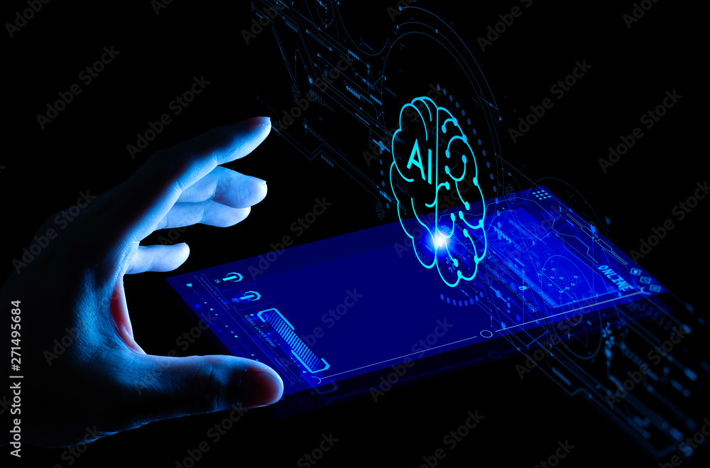 Aufkleber business hand using digital artificial intelligence interface new modern computer.the futuristic business and coding software development on interface and synchronize network connection, IoT.