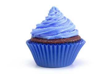 A Single Blue Iced Chocolate Cupcake Isolated on a White Background