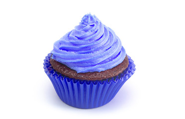 A Single Blue Iced Chocolate Cupcake Isolated on a White Background