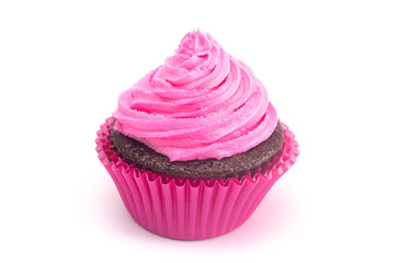 A Single Pink Iced Chocolate Cupcake Isolated on a White Background