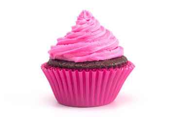 A Single Pink Iced Chocolate Cupcake Isolated on a White Background