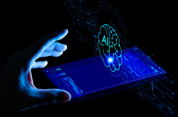 business hand using digital artificial intelligence interface new modern computer.the futuristic business and coding software development on interface and synchronize network connection, IoT.