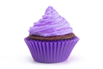 A Single Purple Iced Chocolate Cupcake Isolated on a White Background