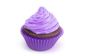 A Single Purple Iced Chocolate Cupcake Isolated on a White Background