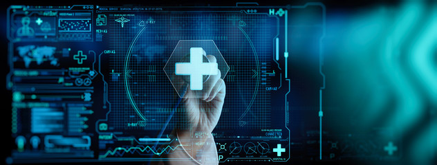Doctor hand with stethoscope and Ui icon medical in hospital with medical technology network concept.