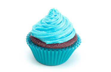 A Single Turquoise Iced Chocolate Cupcake Isolated on a White Background