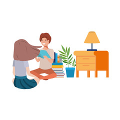 couple sitting with stack of books