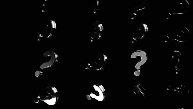 Silver question marks moving on black background, uncertainty concept. Animation. Monochrome chaotic question signs flowing from one corner to another, seamless loop.