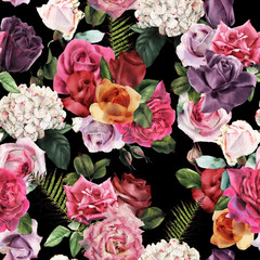 Seamless floral pattern with roses, watercolor.