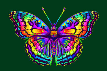 Tropical butterfly. Abstract, colorful, hand-drawn, graphic image of a butterfly on a dark green background.